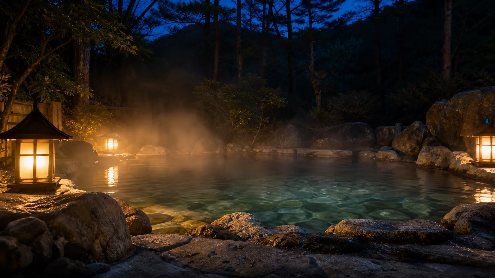 夜の露天風呂。行灯の灯りと湯気が立ち上る静かな温泉。