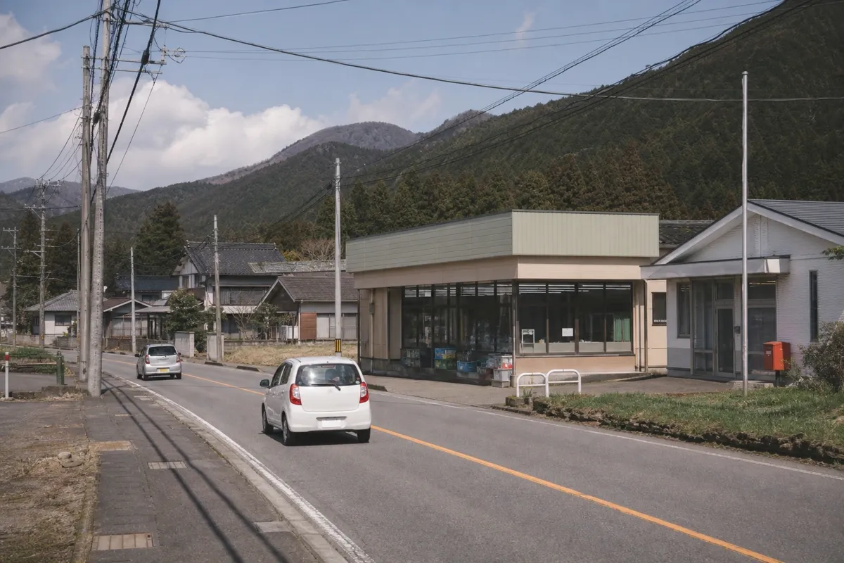 那須の生活道路と車、地元のスーパーなど、暮らしの場としての那須の日常風景。