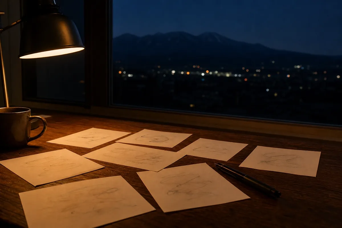 ブランド名の候補を書き出したメモと、那須の夜景。名前を決める作業の情景。