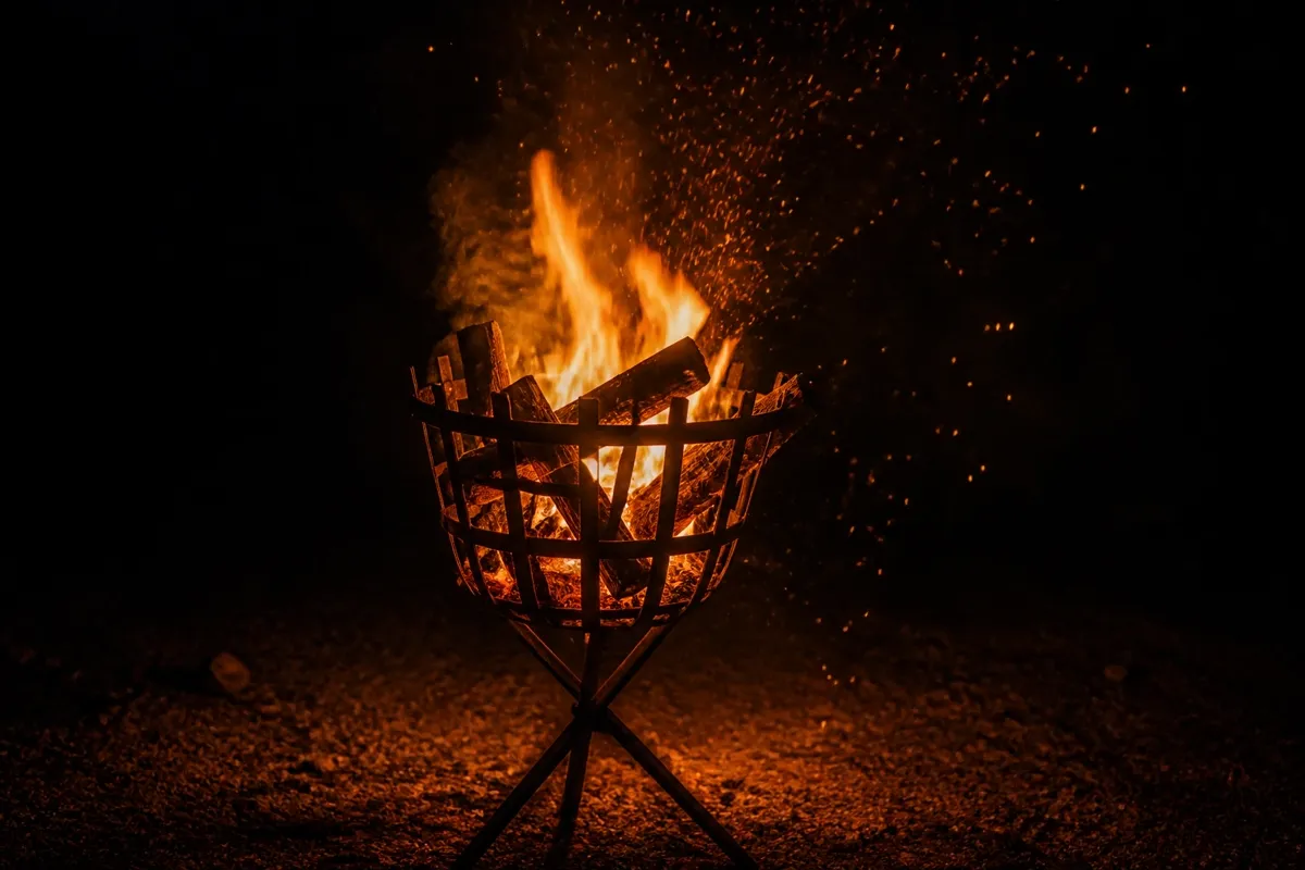 鉄の籠で薪を燃やす篝火のイメージ。夜を照らし、人を集める火。