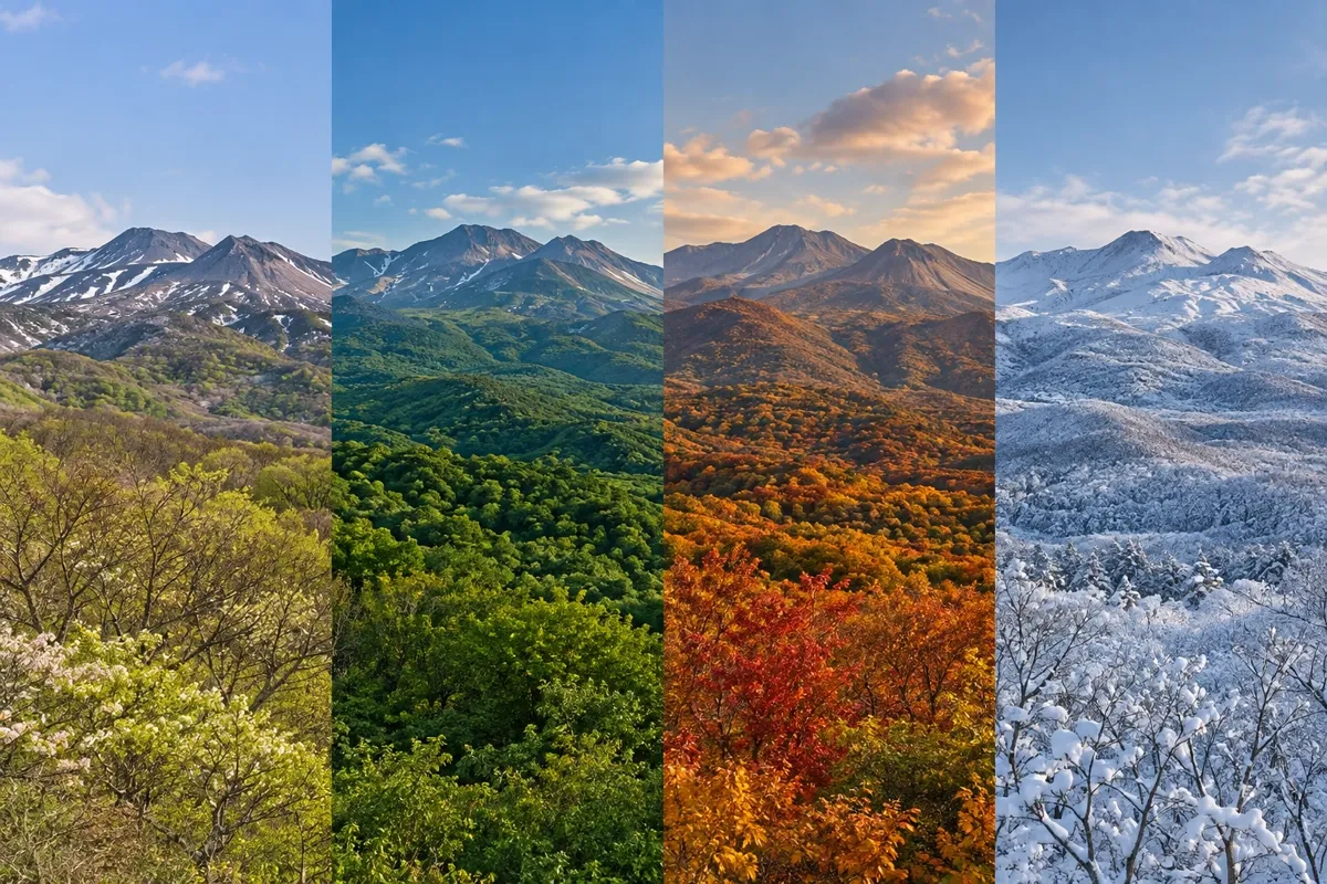 那須の春夏秋冬、それぞれの季節の風景。残雪の新芽、深緑の山、紅葉、雪景色。